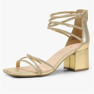 DREAM PAIRS Women's Gold Rhinestone Block Heels Square Open Toe Ankle Strap Sz 7